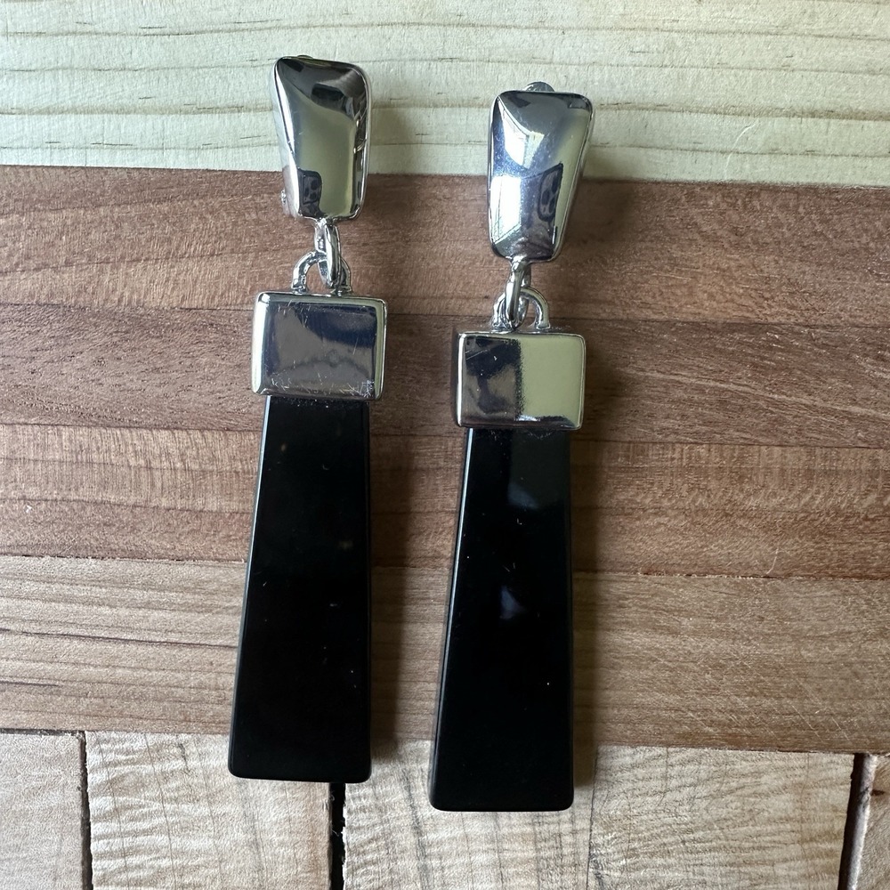 Fashion Clip Earrings 2.75 Inch Black Acrylic Chrome Plated Metal Dangle Drop - Picture 2 of 8
